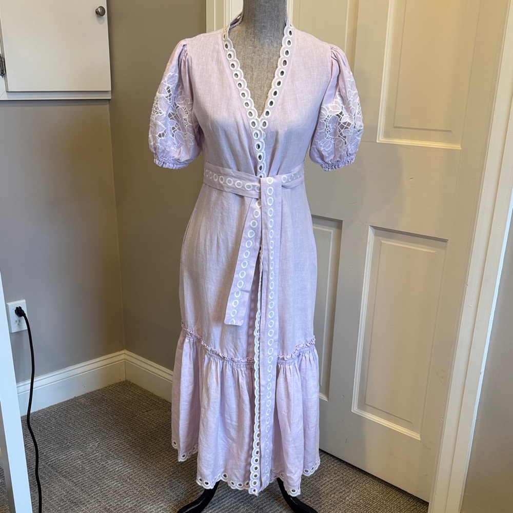 Lavender Eyelet Embroidered Puff Sleeve Linen Midi Dress